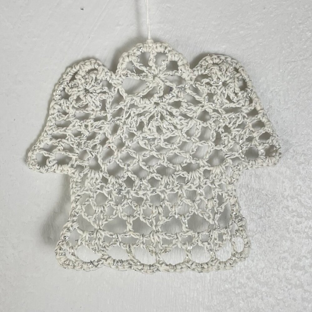 Vintage Crochet Angel Ornament Hand Made White Thread Crochet Sparkly Starched